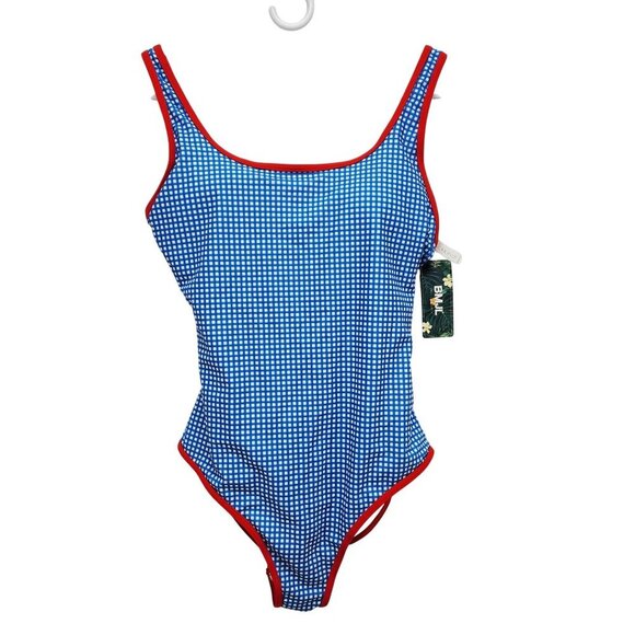 Blue & White Gingham One-Piece Swimsuit With Red Trim Size L - Picture 9 of 9